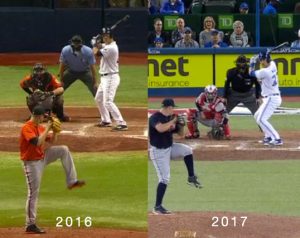 Luke Maile 2016 vs 2017 batting stance